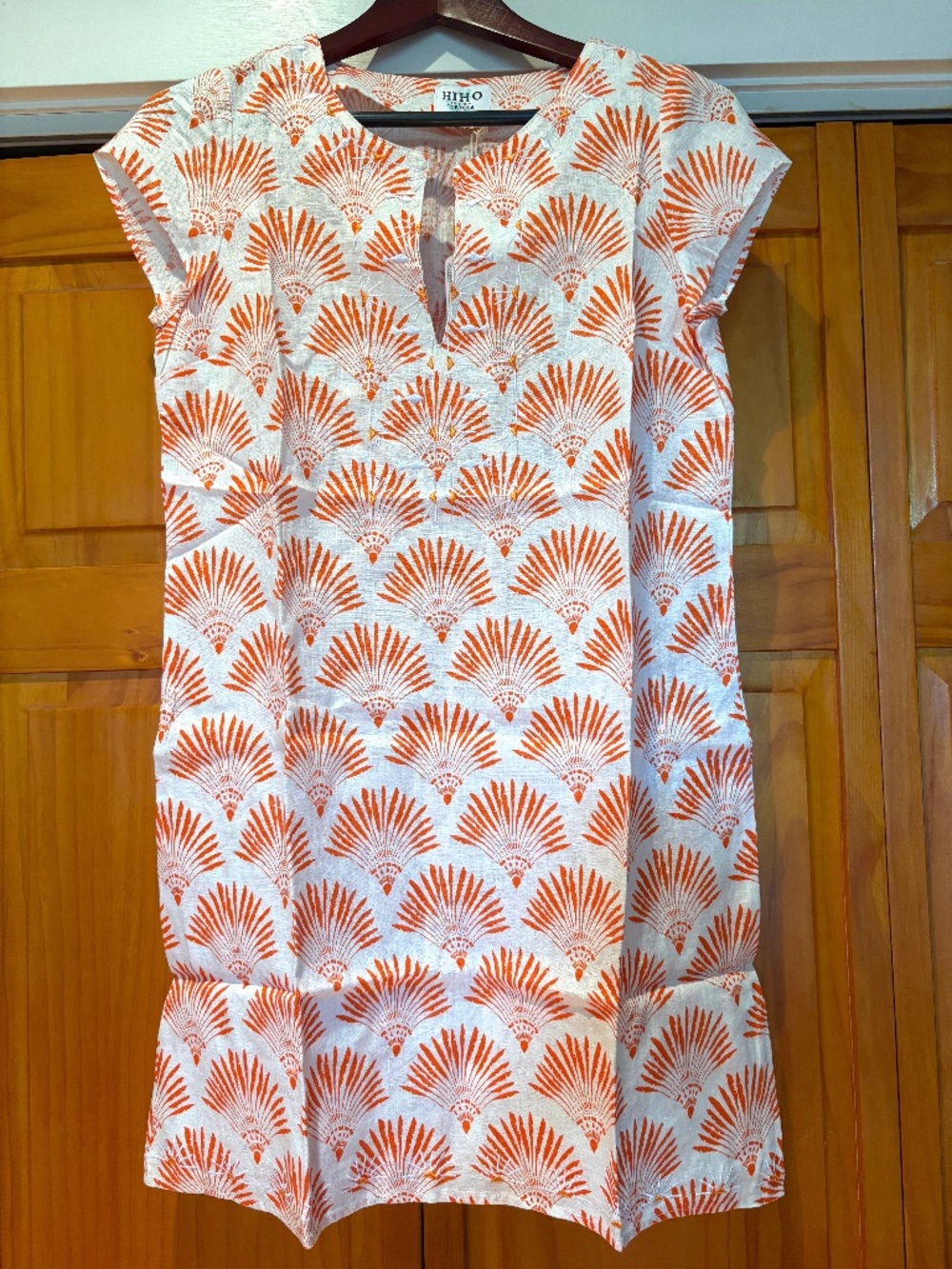 NWT HiHo Linen Rachel Dress, Dominica Orange Fan Print, White, Small, Embroidery